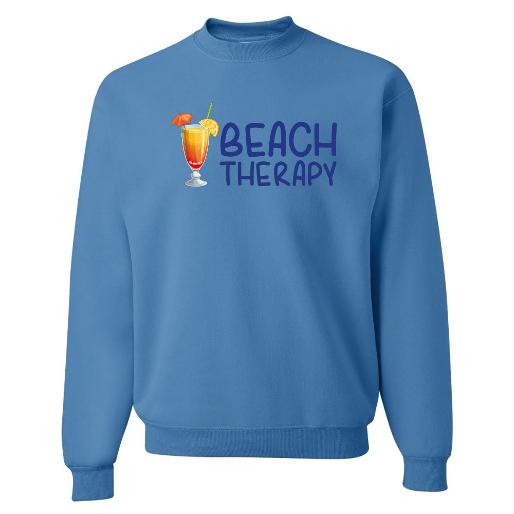 Blue sweatshirt with 'Beach Therapy' text and cocktail graphic on a white background