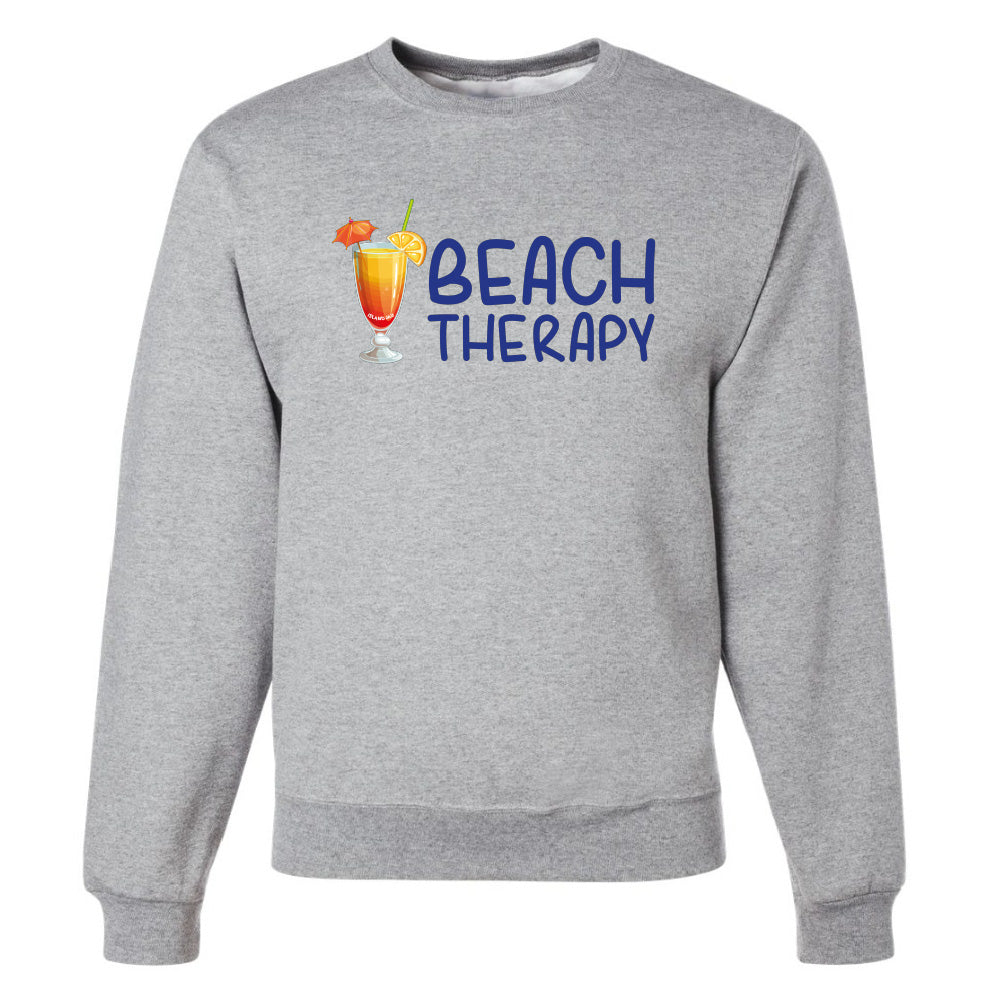 Gray sweatshirt with 'Beach Therapy' text and cocktail graphic on a white background
