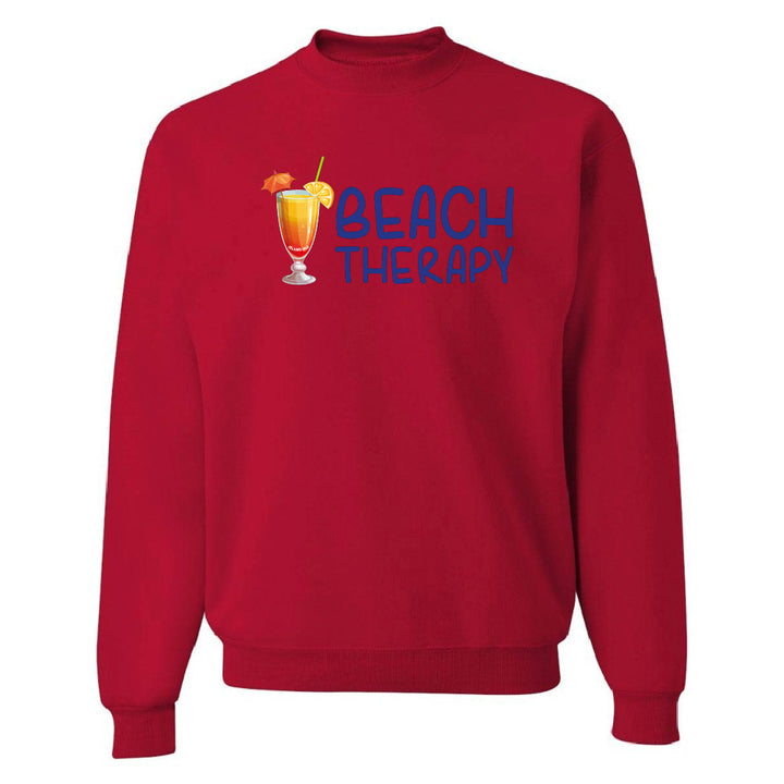 Red sweatshirt with 'Beach Therapy' text and cocktail graphic on a white background