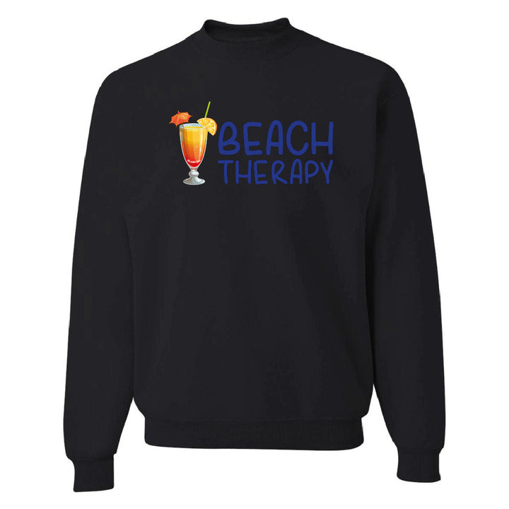 Black sweatshirt with 'Beach Therapy' text and cocktail graphic on a white background