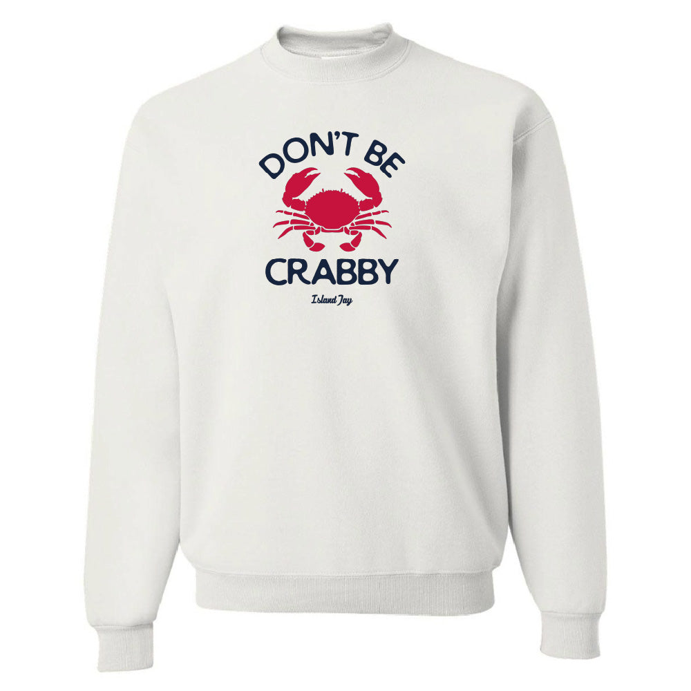 White sweatshirt with a red crab graphic and text on a white background