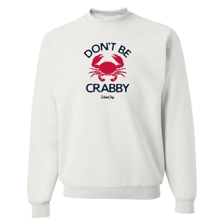 White sweatshirt with a red crab graphic and text on a white background