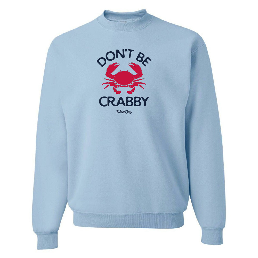 Light blue sweatshirt with red crab graphic and text on a white background