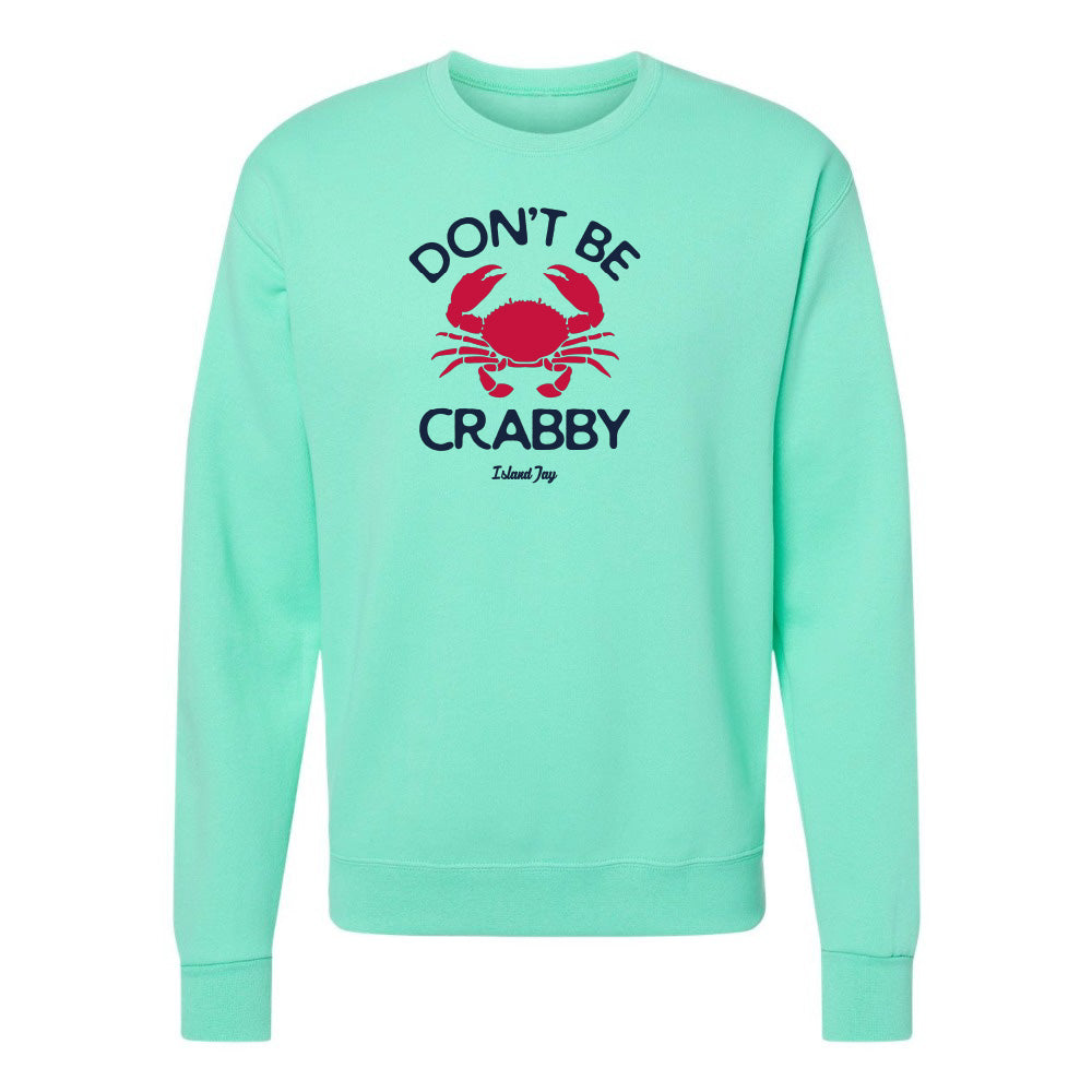 Mint green sweatshirt with red crab graphic and text on a white background
