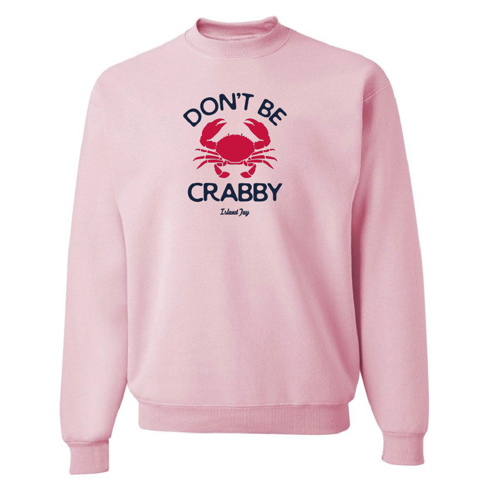 Pink sweatshirt with a red crab graphic and text on a white background