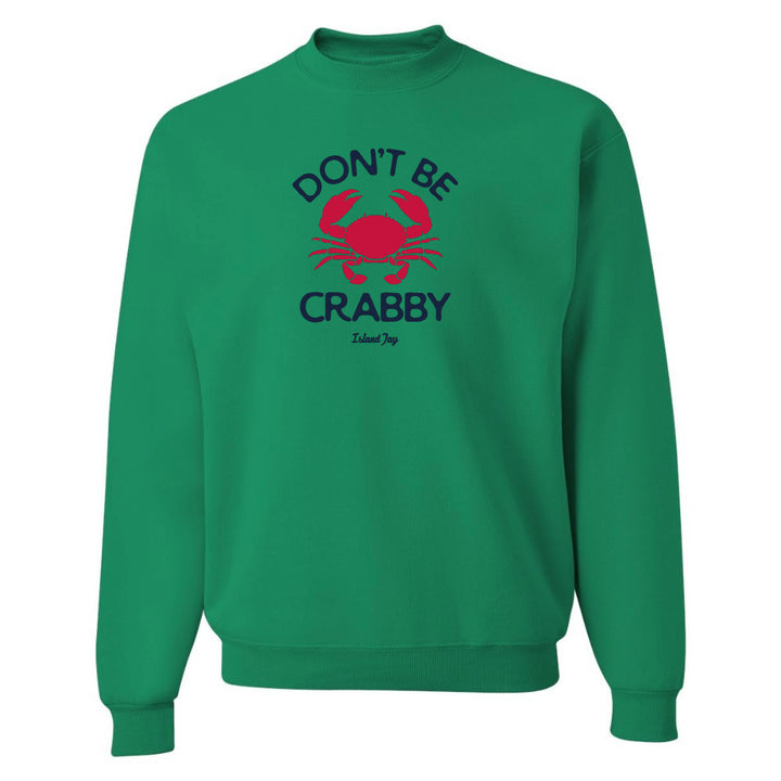 Green sweatshirt with red crab graphic and text on a white background