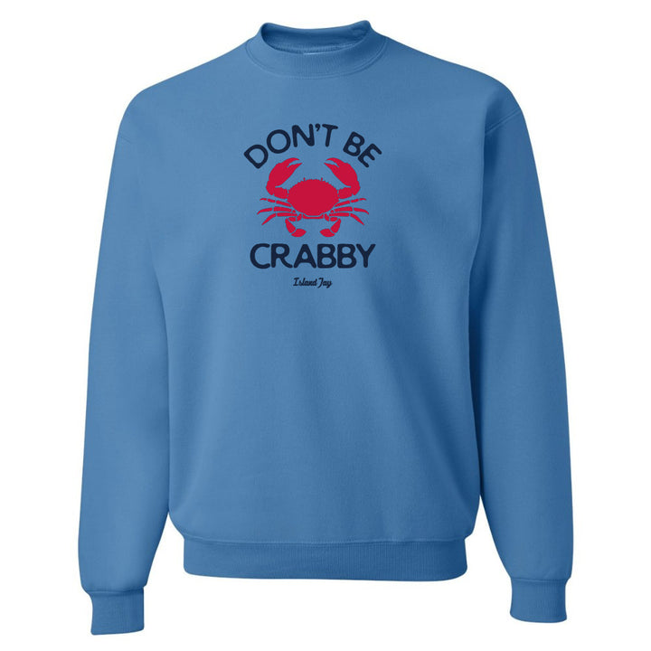 Blue sweatshirt with red crab graphic and text on a white background