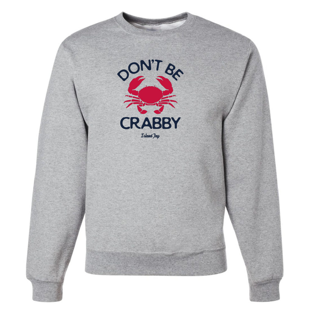 Gray sweatshirt with a red crab graphic and text on a white background