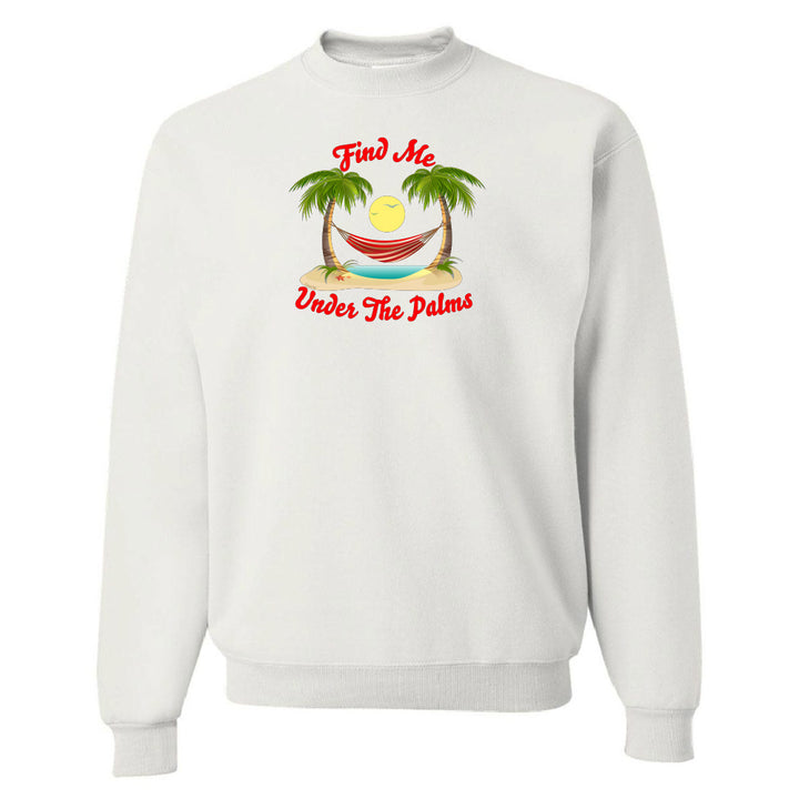 White sweatshirt with a tropical graphic and text on a white background