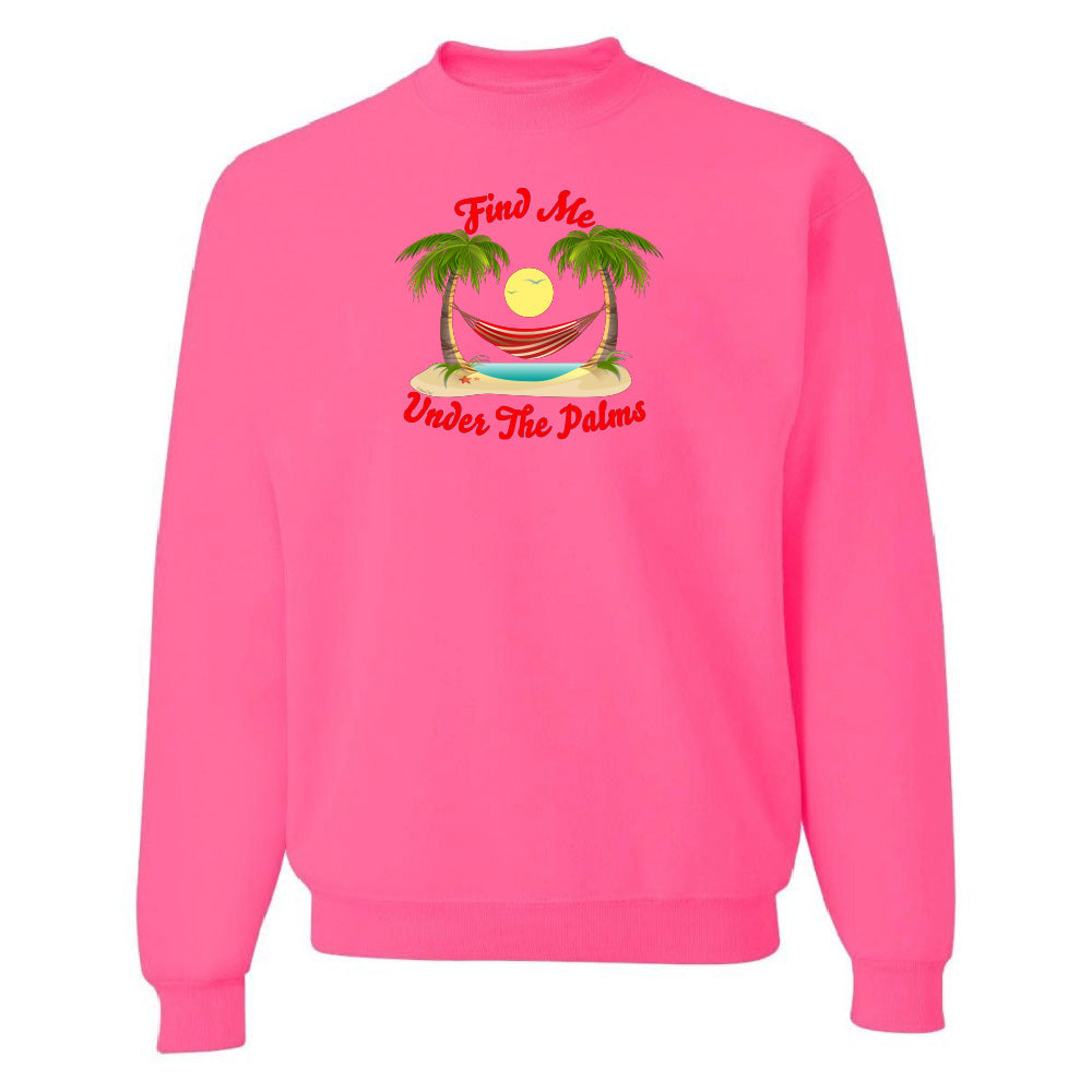 Pink sweatshirt with a tropical graphic and text on a white background