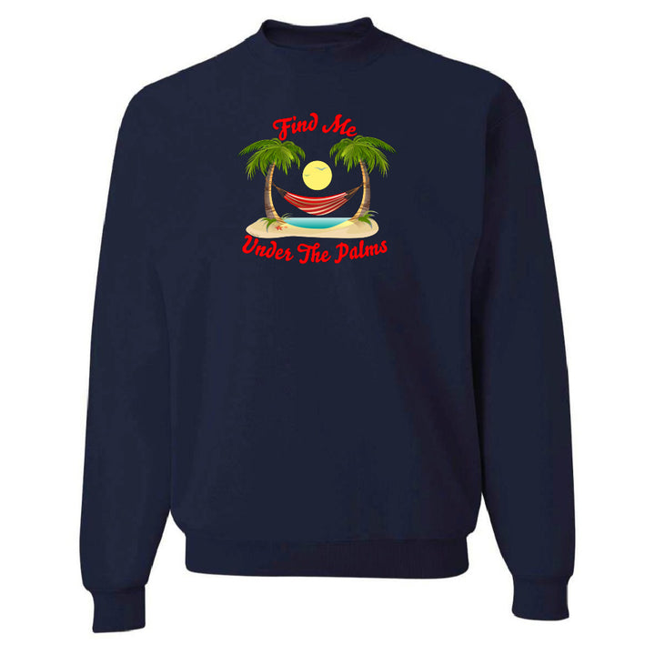 Navy blue sweatshirt with a tropical graphic and text on a white background