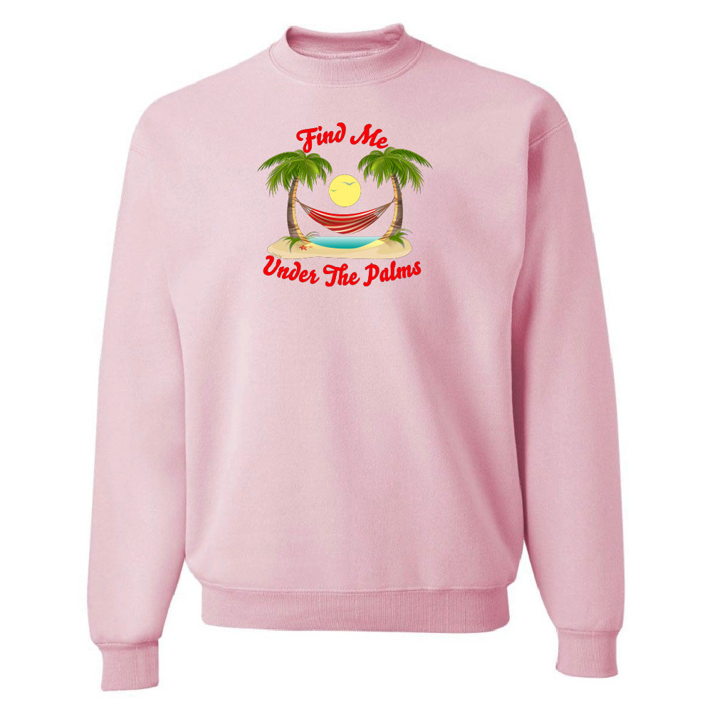 Pink sweatshirt with a tropical graphic and text on a white background