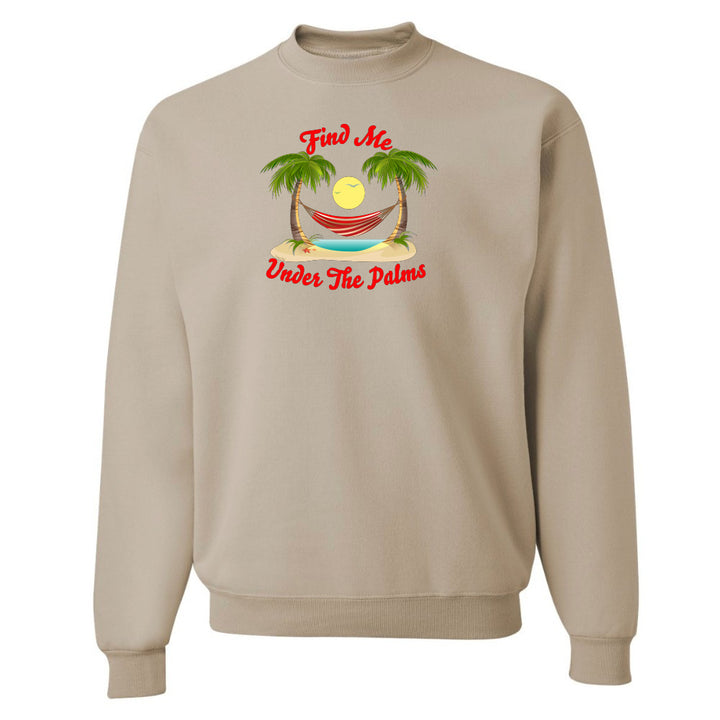 Beige sweatshirt with a tropical graphic and text on a white background
