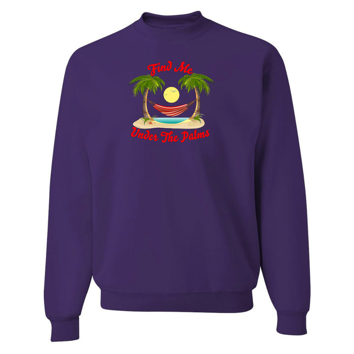 Purple sweatshirt with a tropical graphic and text on a white background