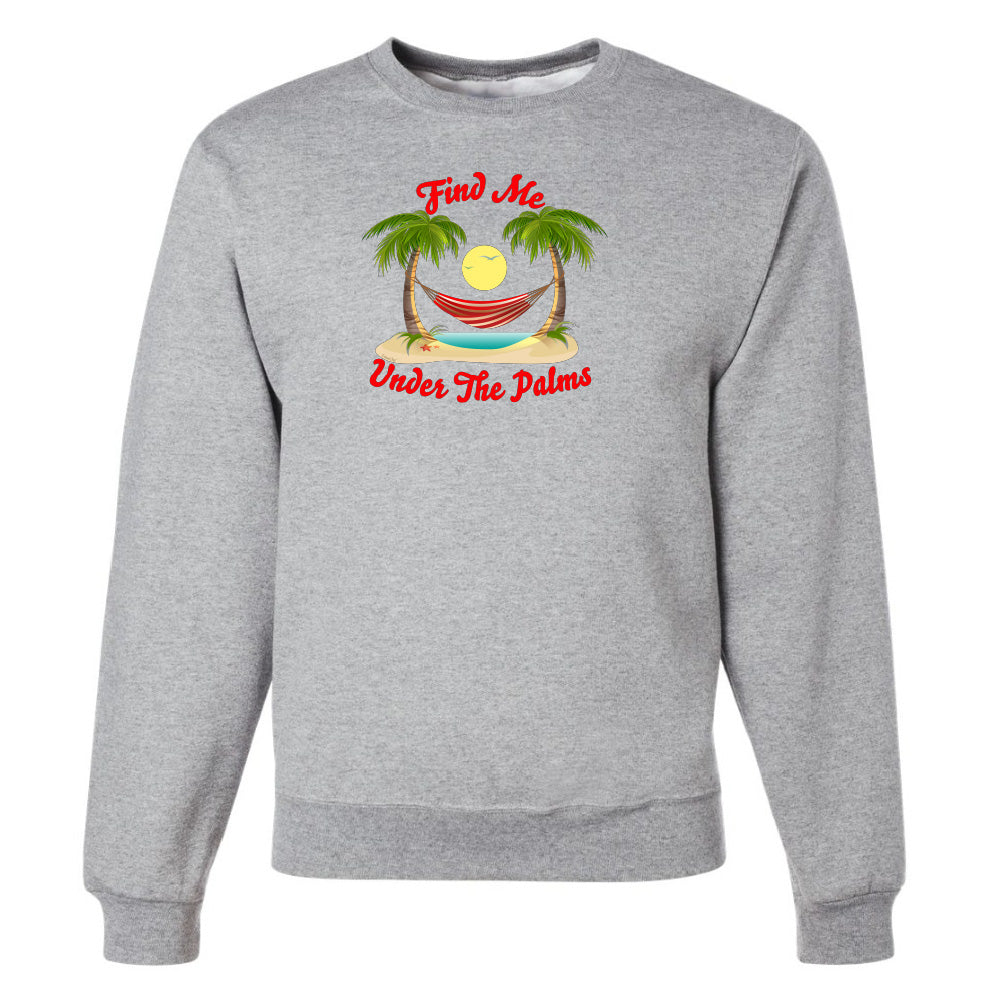 Gray sweatshirt with a tropical graphic and text on a white background