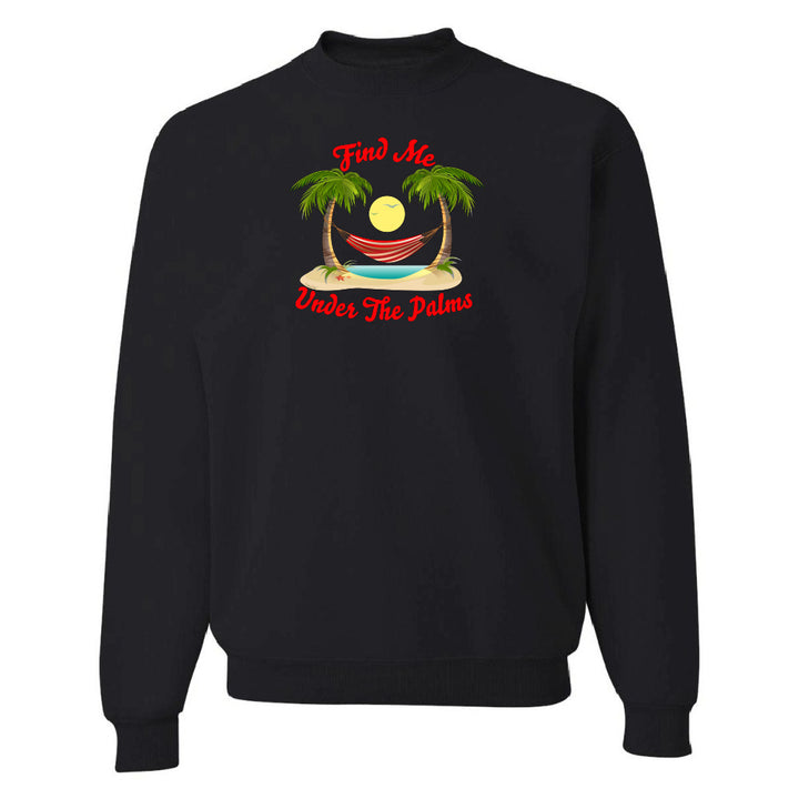 Black sweatshirt with a tropical graphic and text on a white background