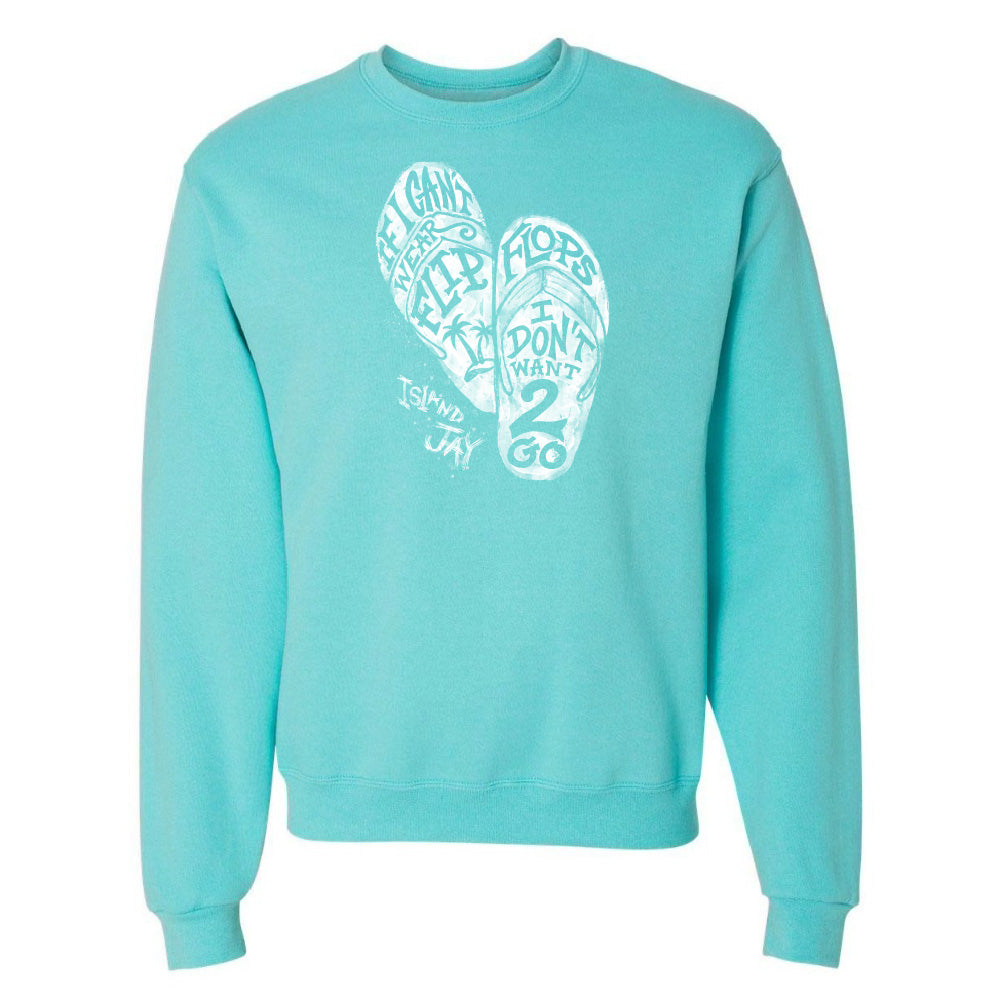 Turquoise sweatshirt with white graphic design on a white background