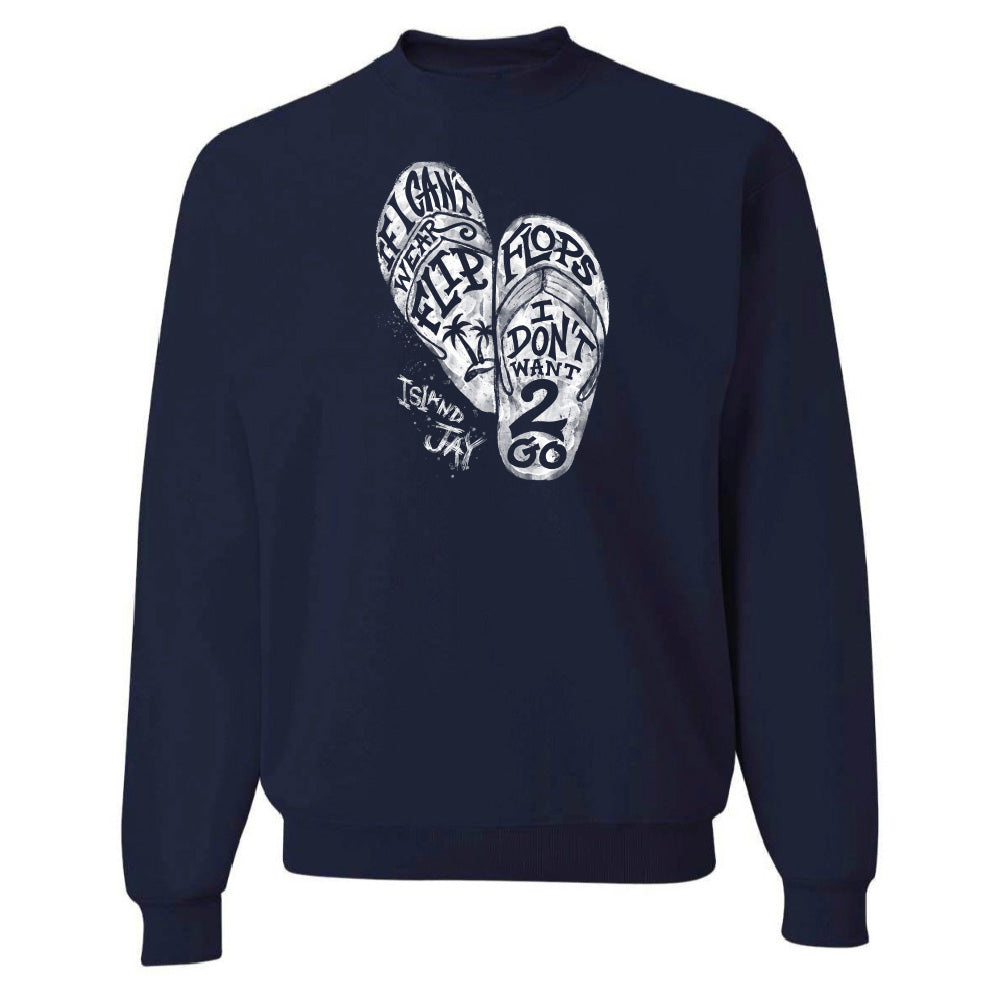 Navy blue sweatshirt with white flip-flop graphic and text on a white background