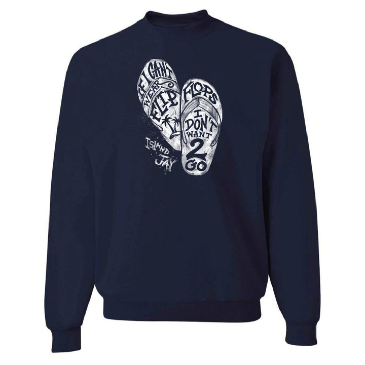 Navy blue sweatshirt with white flip-flop graphic and text on a white background