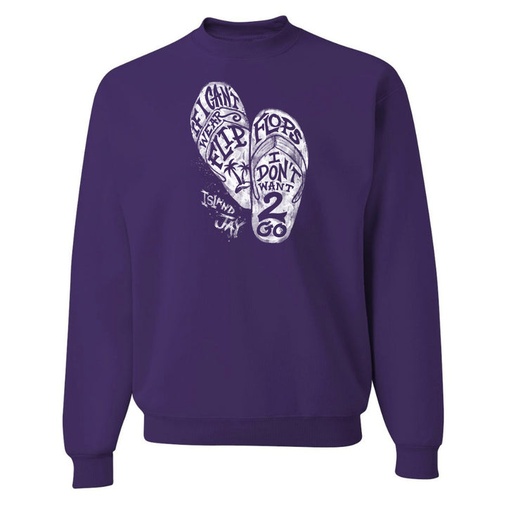 Purple sweatshirt with flip-flop graphic and text on a white background