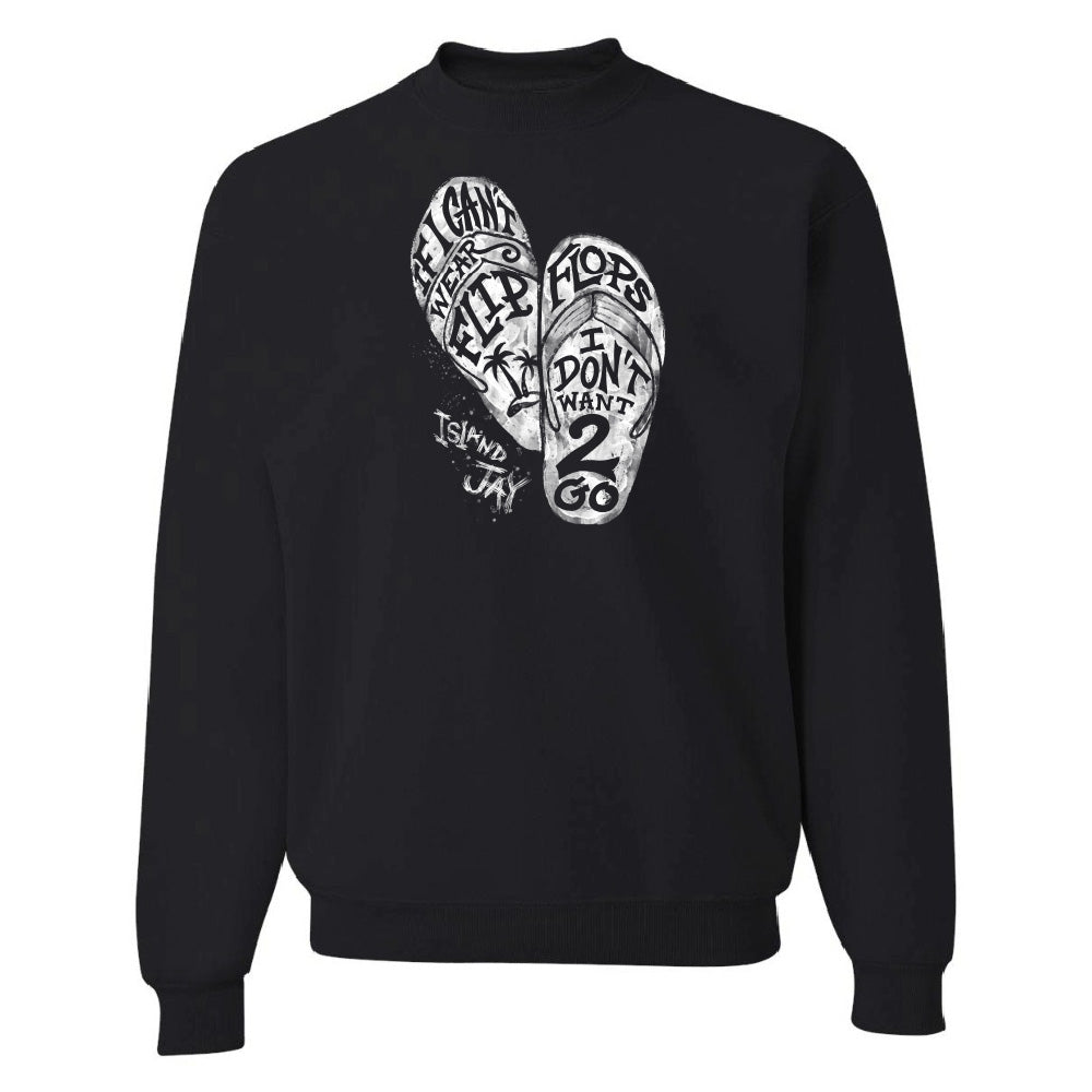 Black sweatshirt with white flip-flop graphic and text on a white background