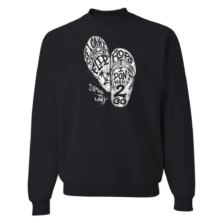 Black sweatshirt with white flip-flop graphic and text on a white background