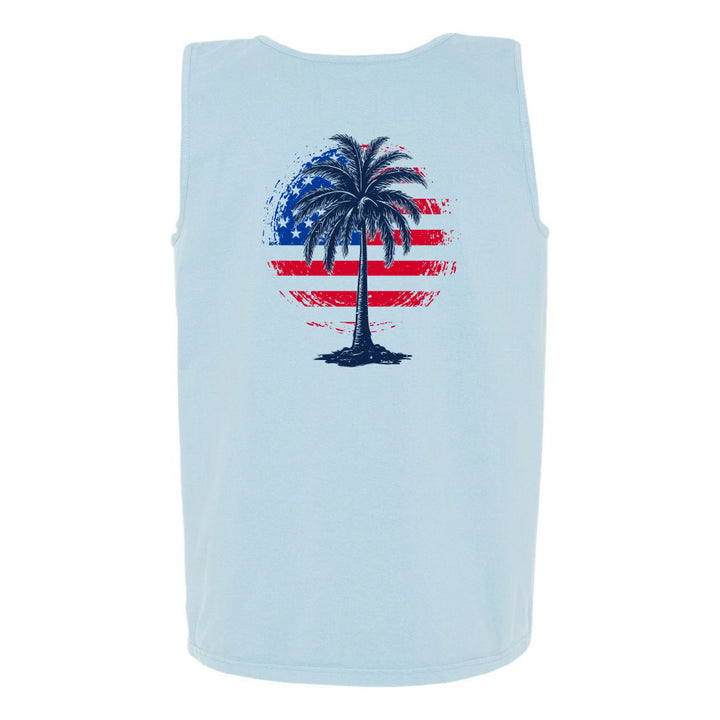 Light blue tank top with a palm tree design featuring the American flag on a white background