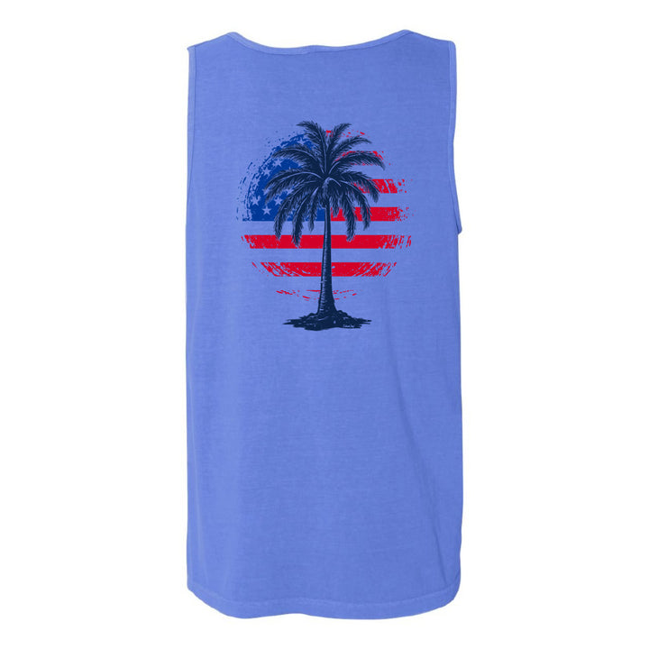 Blue tank top with a palm tree and American flag design on a white background