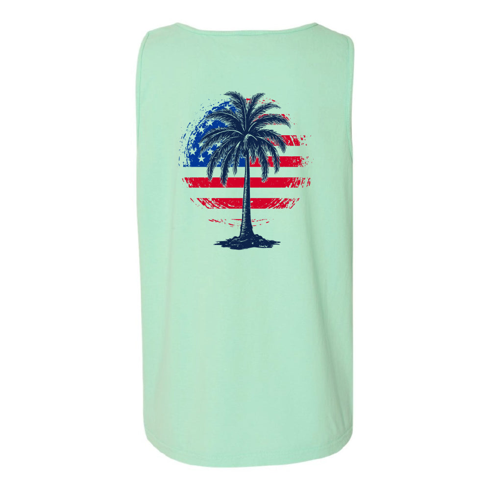 Light green tank top with a palm tree design featuring an American flag on a white background