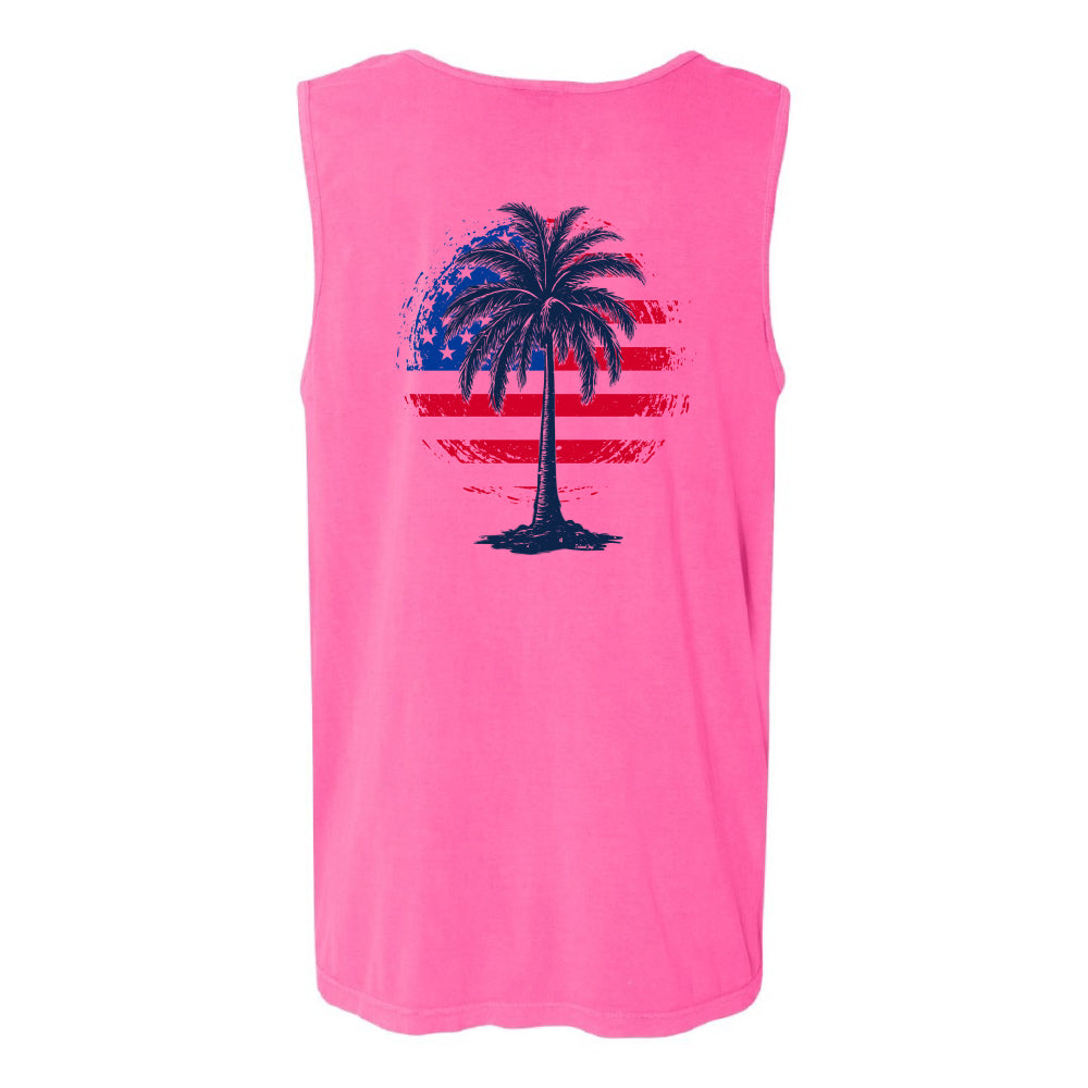 Pink sleeveless shirt with a palm tree design on a white background