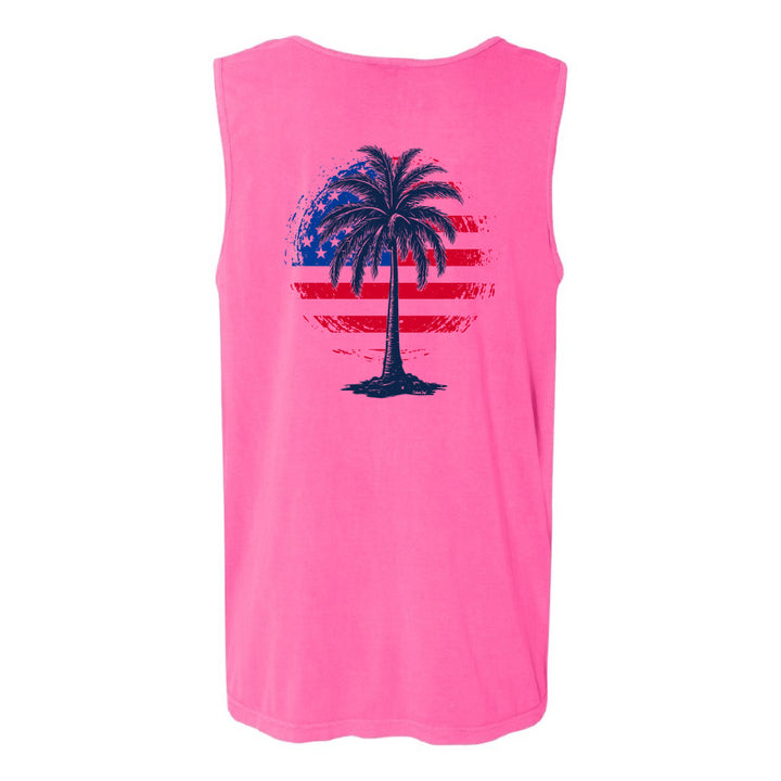 Pink sleeveless shirt with a palm tree design on a white background
