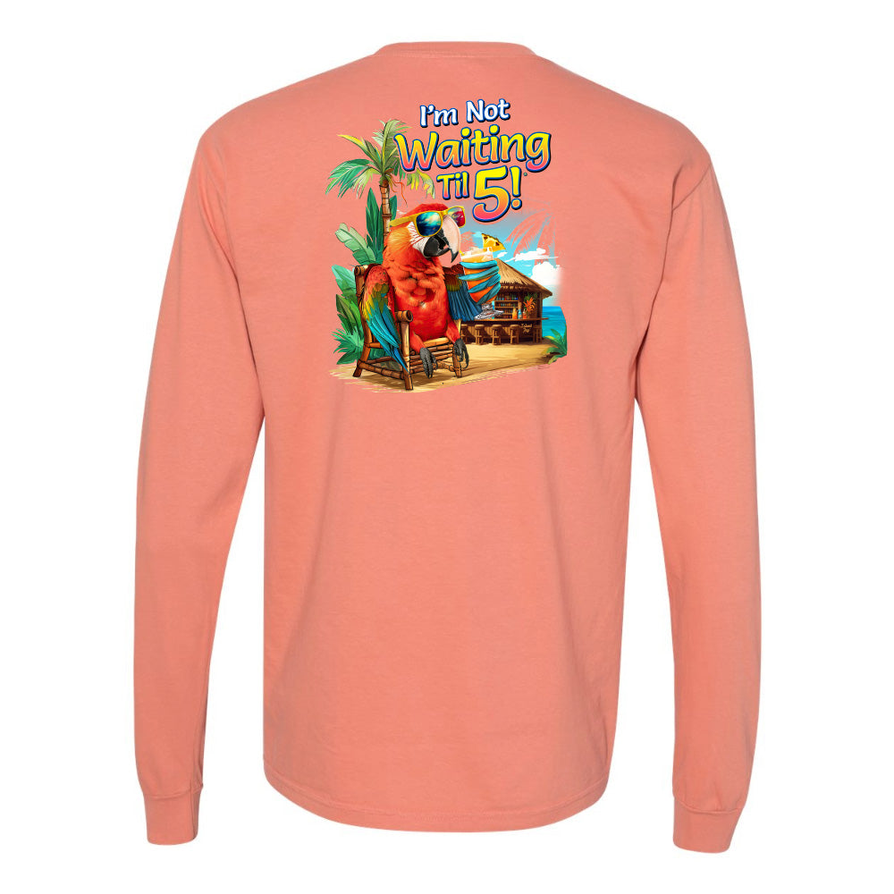 Coral long-sleeve shirt with a colorful graphic and text on the back against a white background