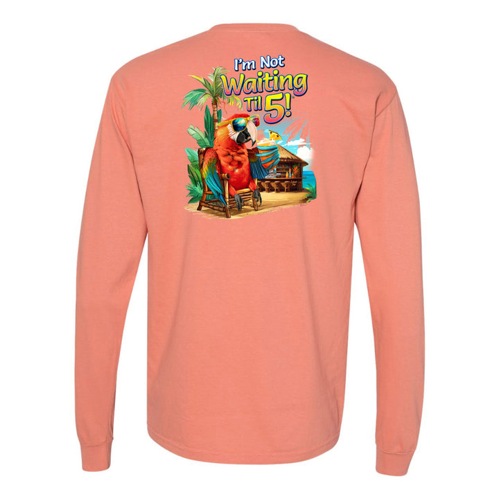Coral long-sleeve shirt with a colorful graphic and text on the back against a white background