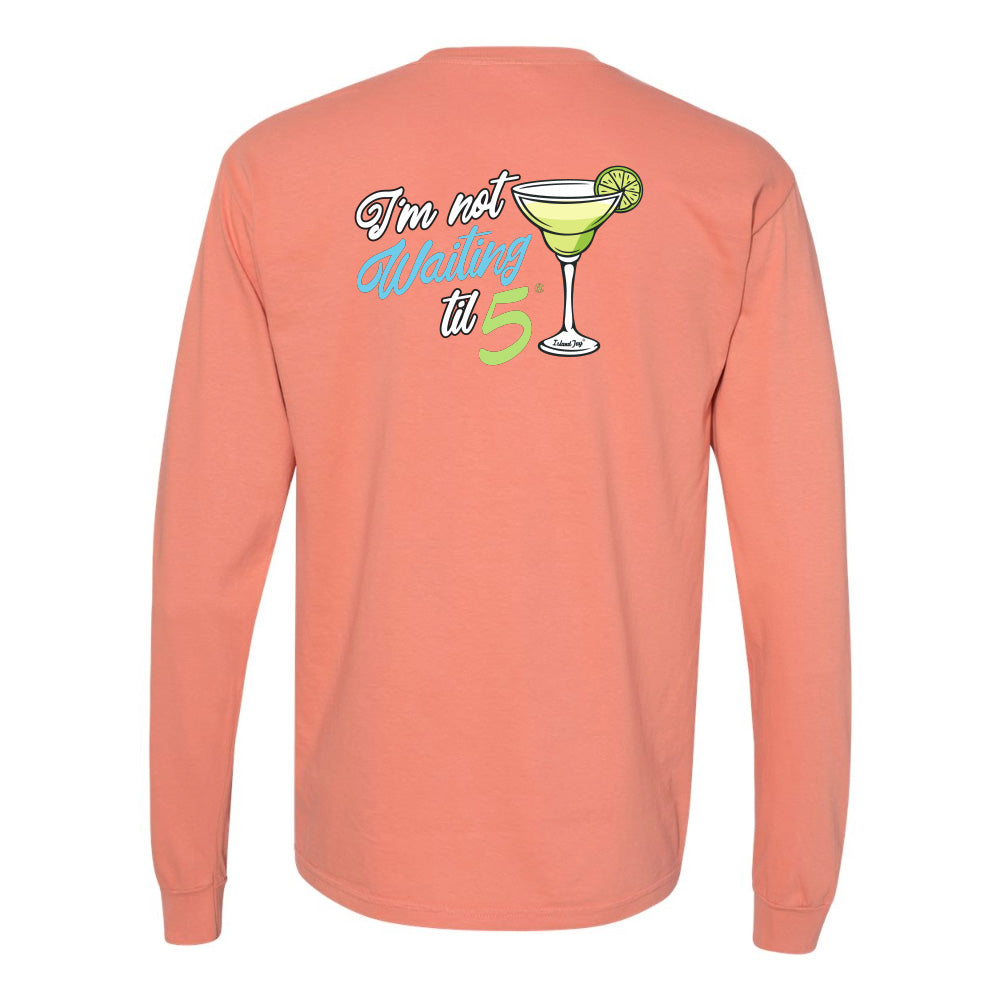 Coral long-sleeve shirt with a cocktail graphic and text on the back against a white background