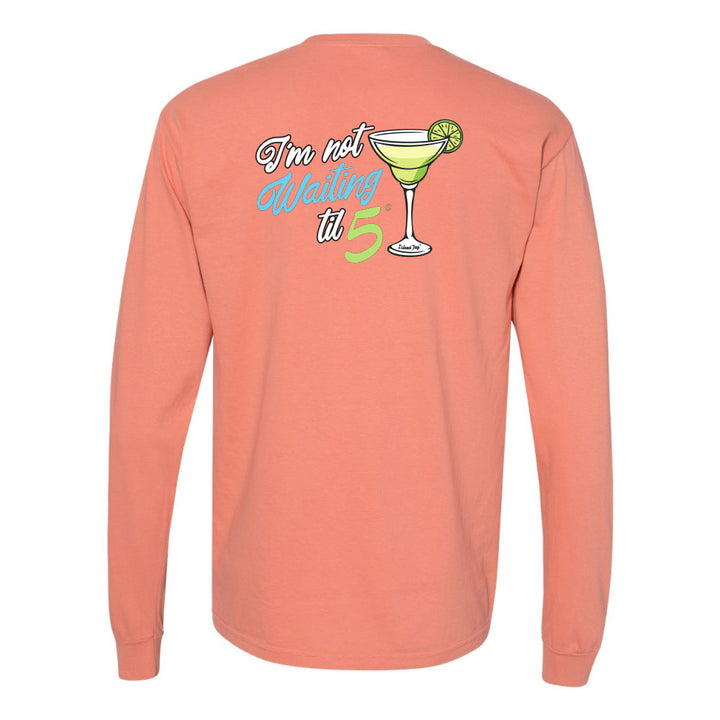 Coral long-sleeve shirt with a cocktail graphic and text on the back against a white background