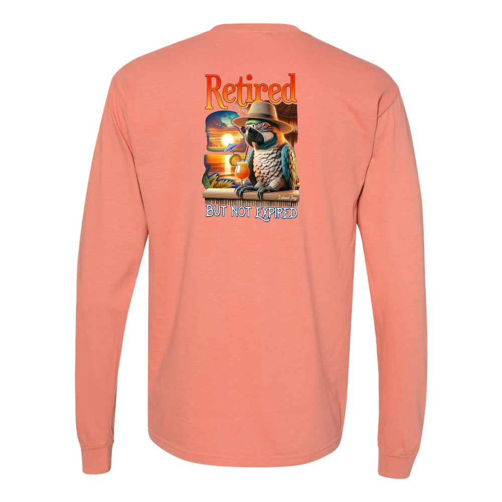 Coral long-sleeve shirt with a parrot graphic and text on the back, on a white background.