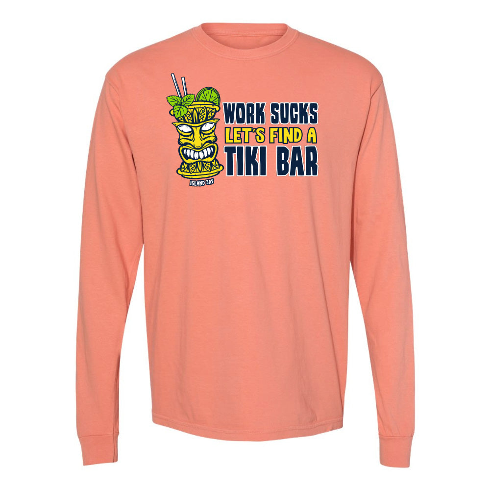 Peach long-sleeve shirt with a tiki bar graphic and text on a white background