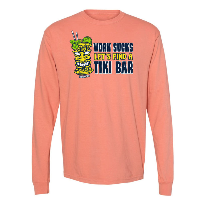 Peach long-sleeve shirt with a tiki bar graphic and text on a white background
