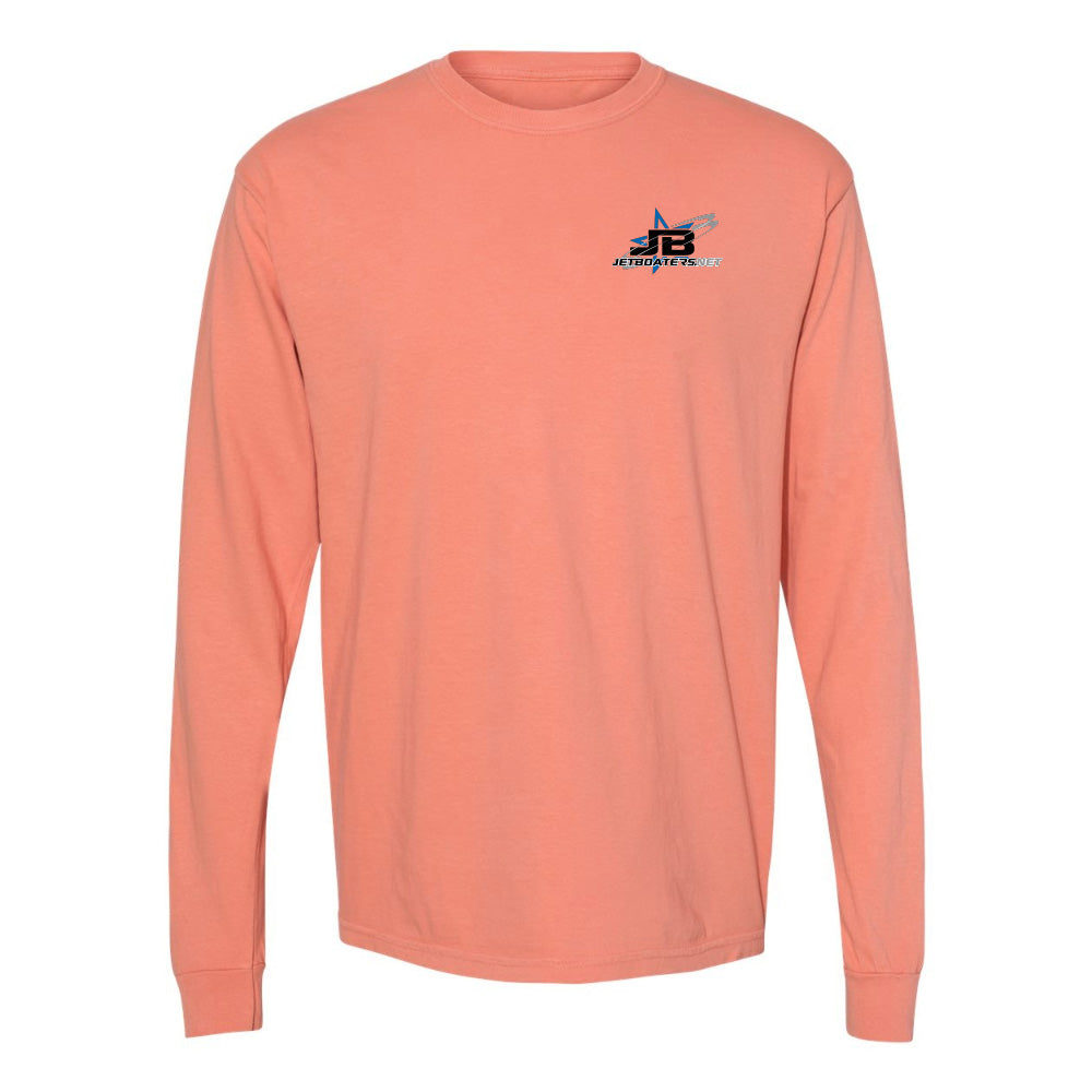 Coral long-sleeve shirt with a logo on the chest against a white background