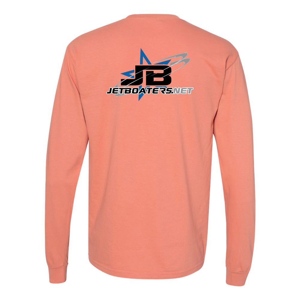 Peach long-sleeve shirt with a logo and text on the back against a white background