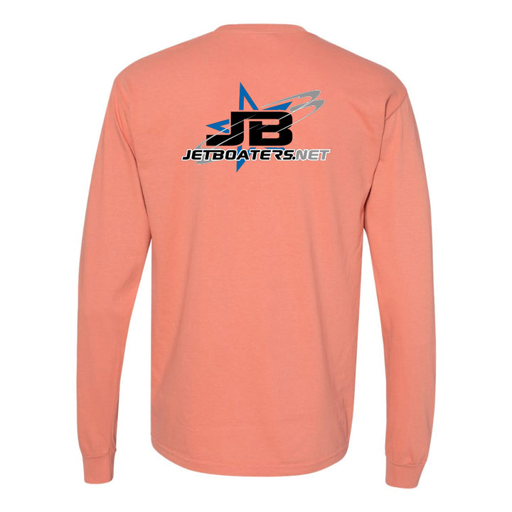 Peach long-sleeve shirt with a logo and text on the back against a white background