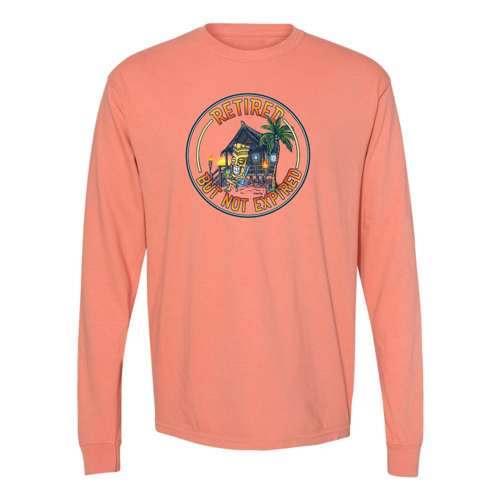 Coral long-sleeve shirt with a graphic design on a white background