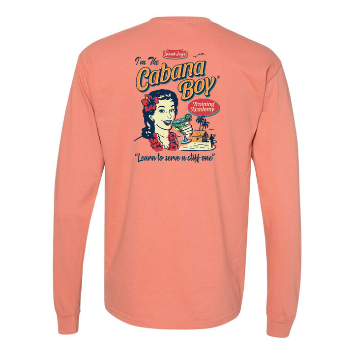 Coral long-sleeve shirt with graphic design on the back