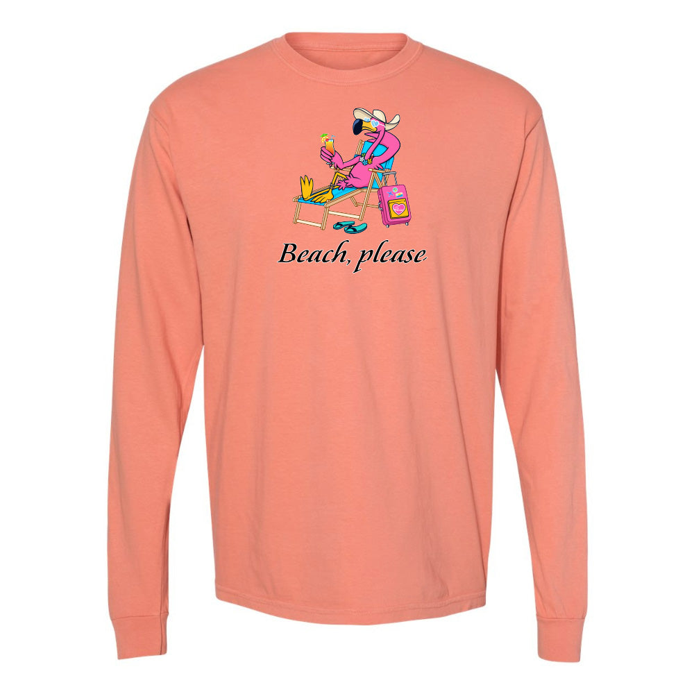 Coral long-sleeve shirt with a graphic of a person at the beach and 'Beach, please' text on a white background.