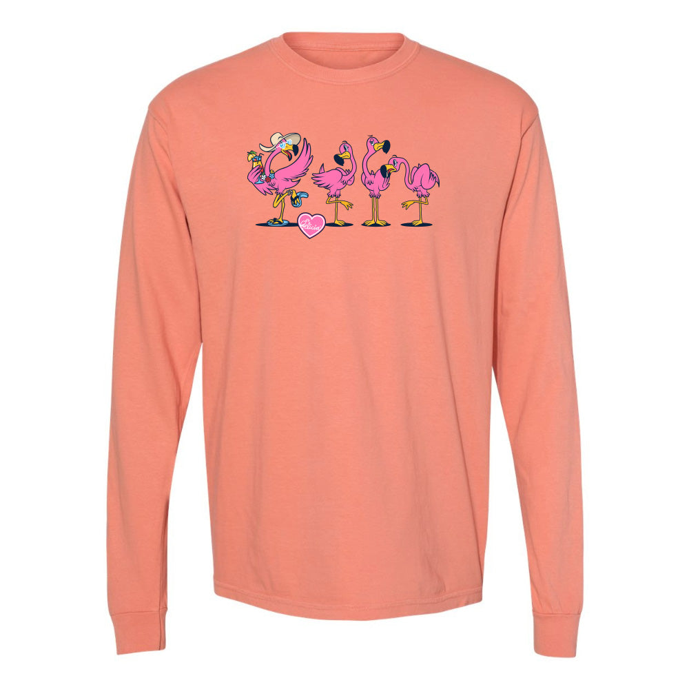 Coral long-sleeve shirt with flamingo design on a white background
