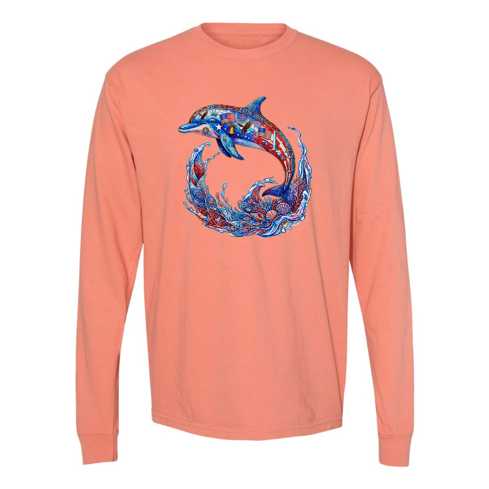 Coral long-sleeve shirt with a colorful dolphin design on a white background