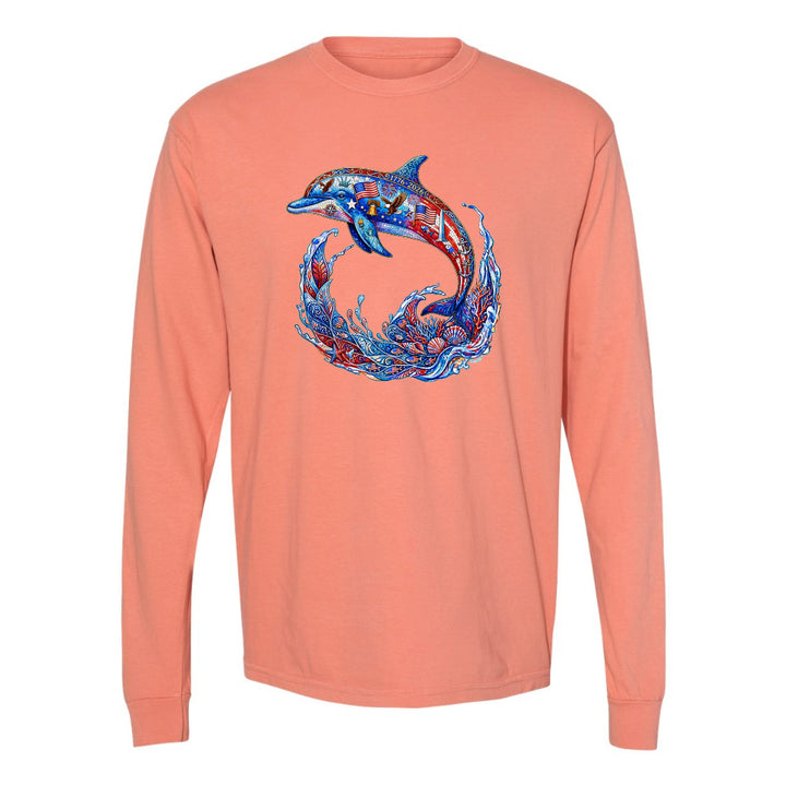 Coral long-sleeve shirt with a colorful dolphin design on a white background