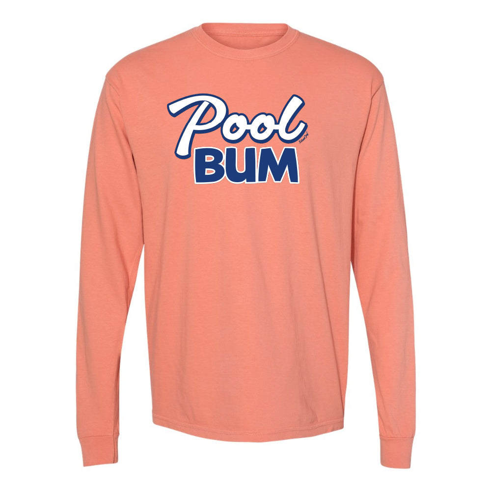 Coral long-sleeve shirt with 'Pool Bum' text on a white background