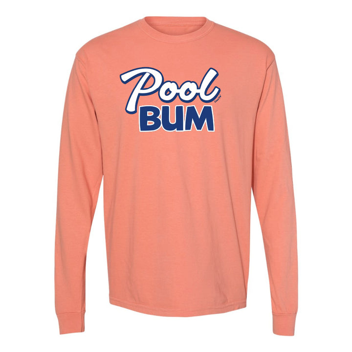 Coral long-sleeve shirt with 'Pool Bum' text on a white background