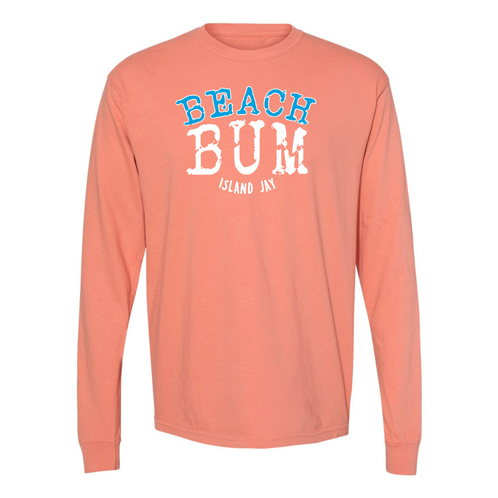Coral long-sleeve shirt with 'Beach Bum' text on a white background